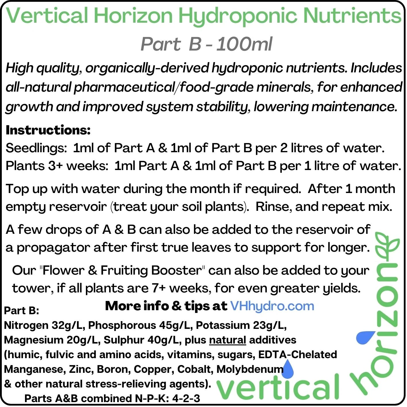 Hydroponic 2 Part Base Feed A&B Vegan/Organic/Natural Nutrients (100ml+100ml) Vertical Horizon Hydroponics